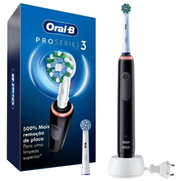 Escova Oral-B PRO Series 3 montada na base ao lado da caixa com refil adicional