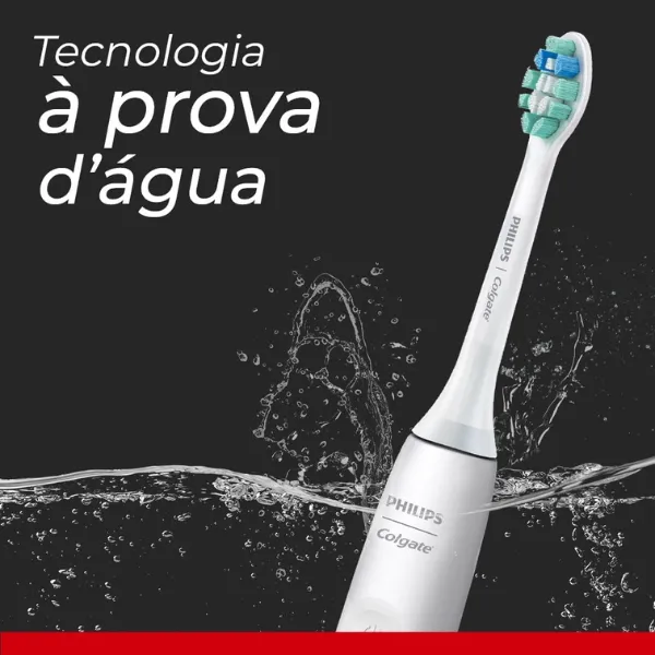 Escova Philips Colgate Sonic Pro 35 sendo usada em ambiente úmido com destaque para tecnologia à prova d’água
