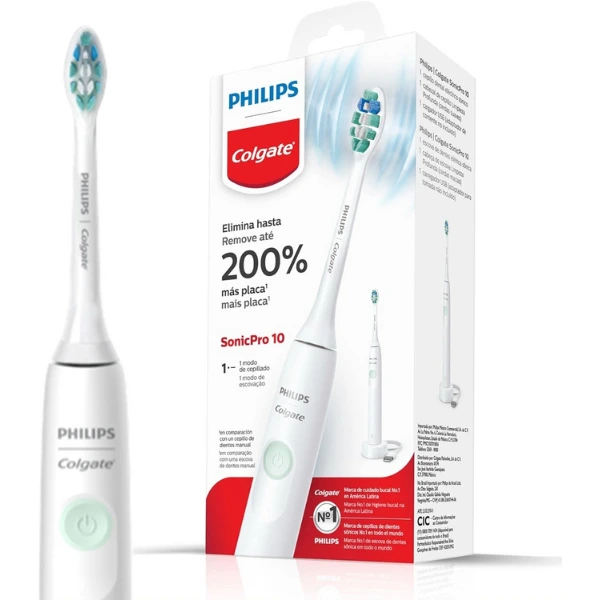 Escova elétrica Philips Colgate SonicPro 10 ao lado da embalagem destacando benefício de remover 200% mais placa
