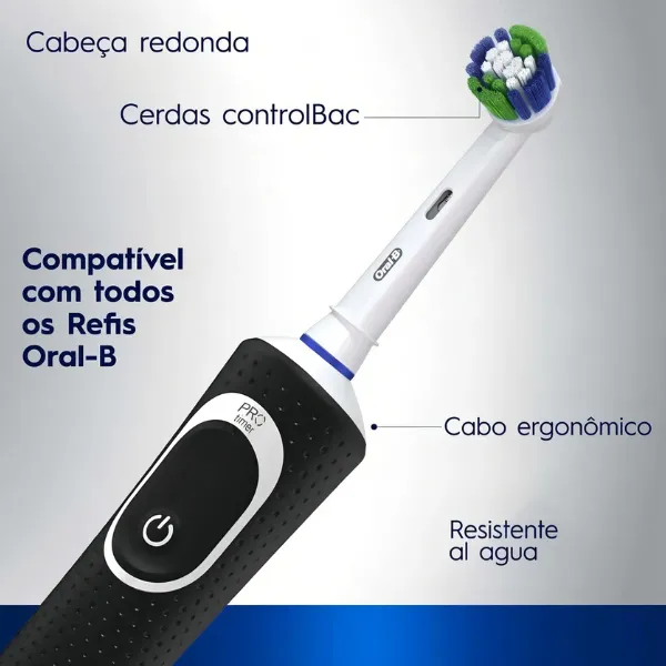 Detalhes da escova Oral-B PRO Series 1+ com indicações das cerdas controlBac, cabeça redonda e cabo ergonômico