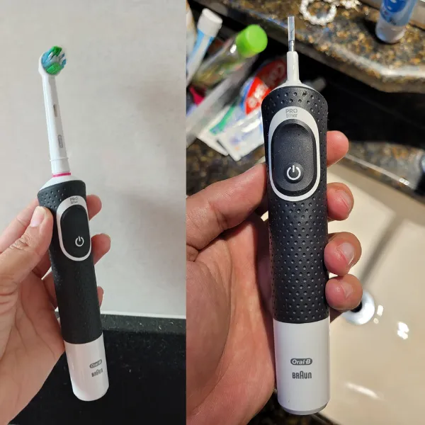 Escova elétrica Oral-B PRO Series 1+ sendo segurada na mão em diferentes ângulos
