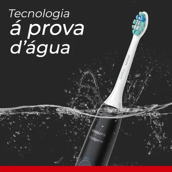 Escova Philips Colgate SonicPro 50 submersa parcialmente em água com destaque para a resistência à água