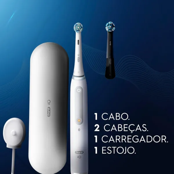 Kit da escova Oral-B iO Series 4 com cabo branco, duas cabeças, carregador magnético e estojo rígido