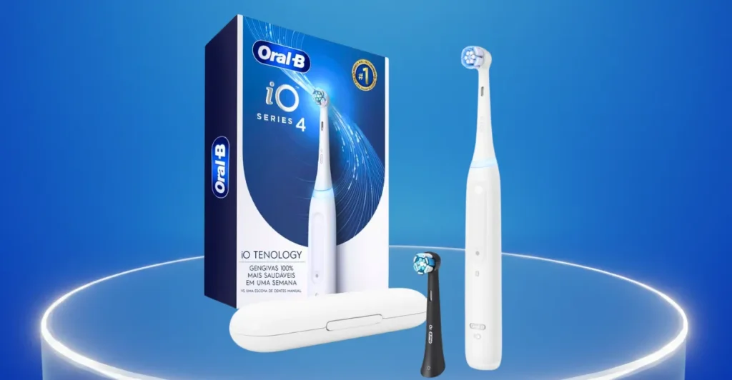 Escova elétrica Oral-B iO Series 4 branca com estojo, refil extra e caixa com destaque para gengivas mais saudáveis