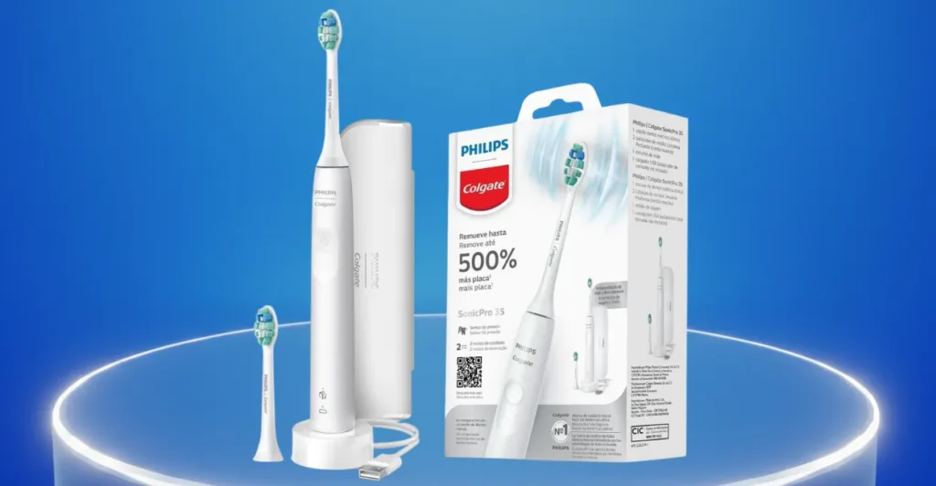 Escova elétrica Philips Colgate SonicPro 35 branca com refil e estojo de viagem USB, posicionada ao lado da embalagem