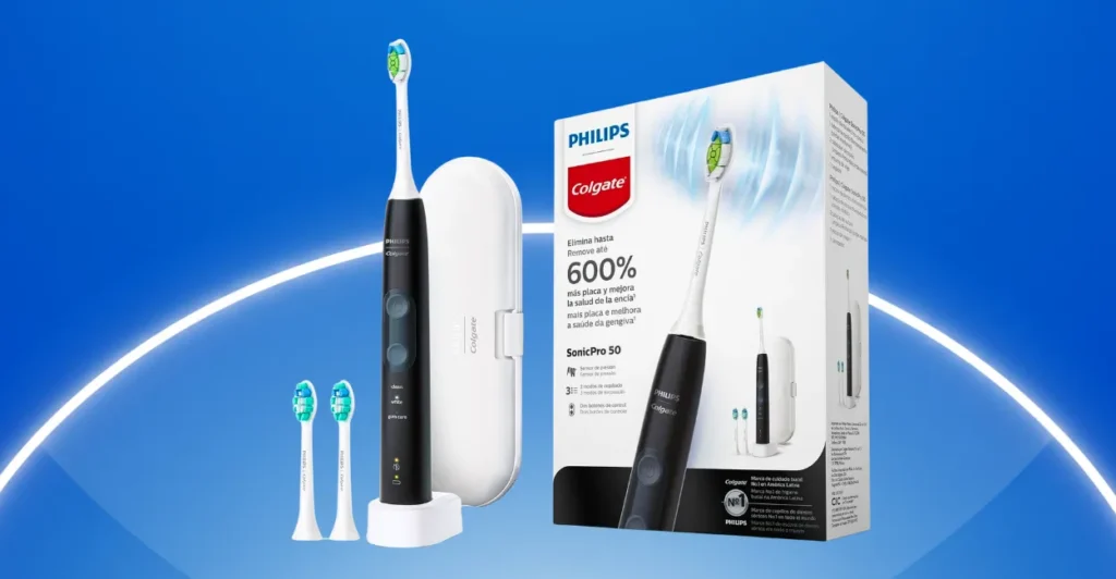 Escova elétrica Philips Colgate SonicPro 50 com estojo e três refis ao lado da embalagem do produto