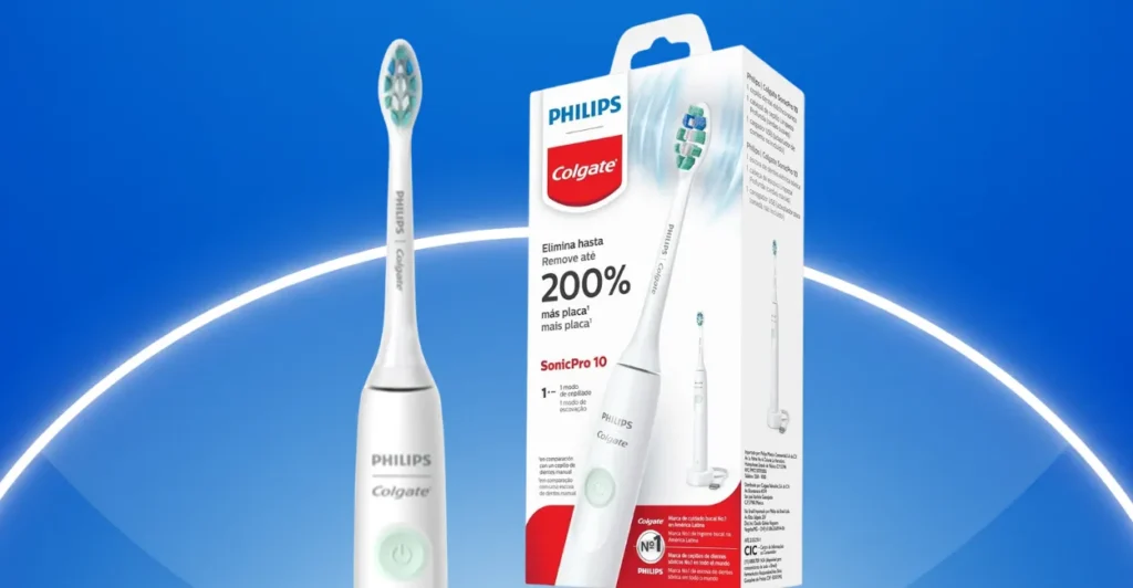 Escova elétrica Philips Colgate SonicPro 10 com único botão de ativação e caixa destacando 200% mais remoção de placa