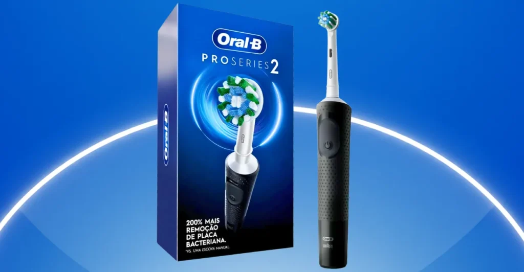 Escova elétrica Oral-B Pro Series 2 com caixa azul exibindo cabeça redonda.